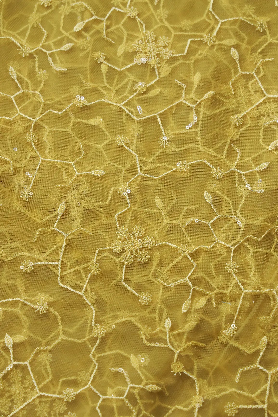 AIzaSyBcstauz-XMPRhEY21AUzeo032pxrXB5Ug - Beautiful Yellow Sequins Small Floral Embroidery On Yellow Soft Net Fabric