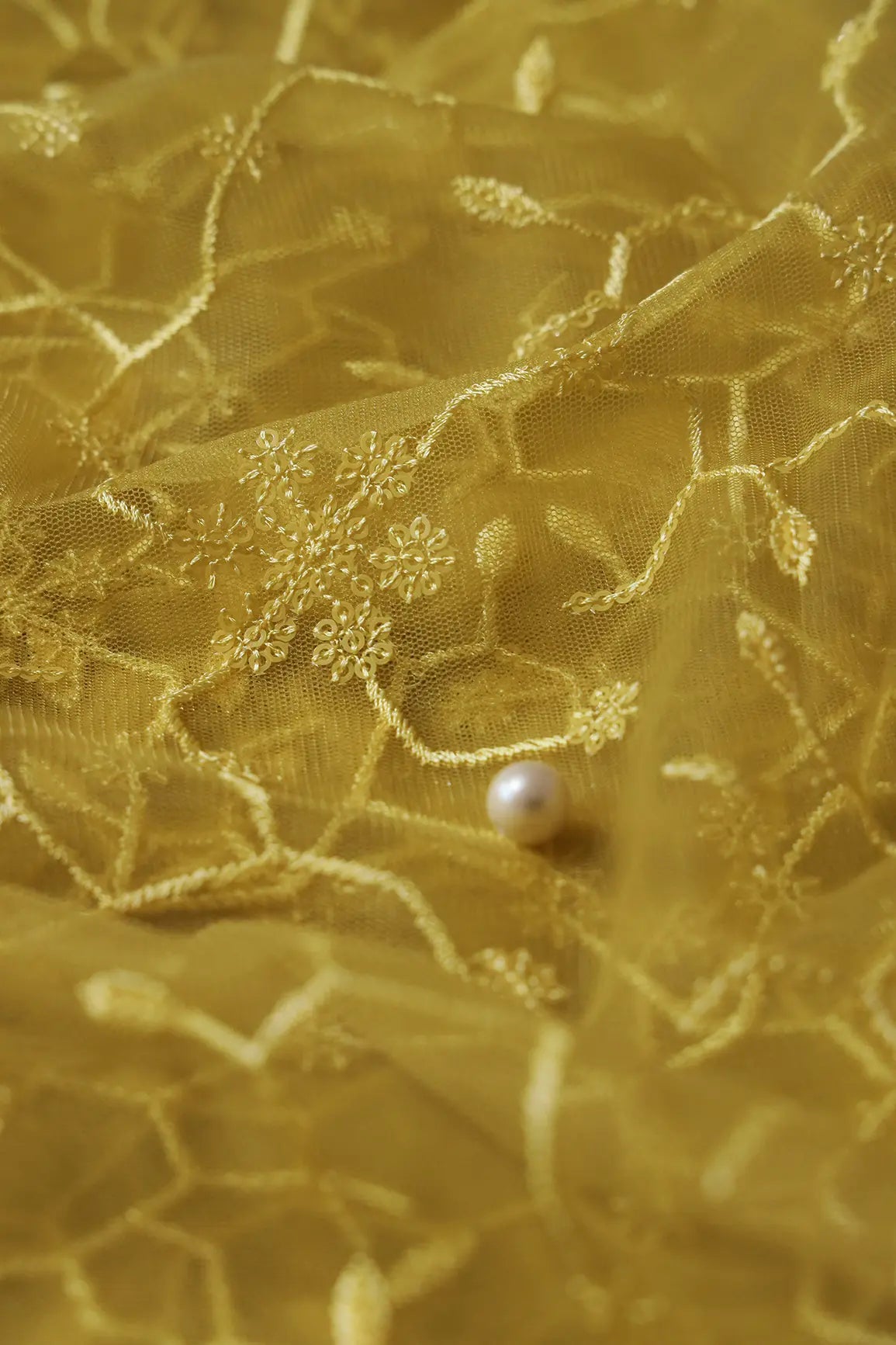 AIzaSyBcstauz-XMPRhEY21AUzeo032pxrXB5Ug - Beautiful Yellow Sequins Small Floral Embroidery On Yellow Soft Net Fabric