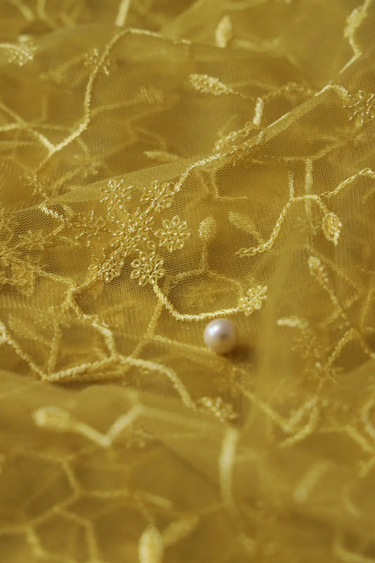AIzaSyBcstauz-XMPRhEY21AUzeo032pxrXB5Ug - Beautiful Yellow Sequins Small Floral Embroidery On Yellow Soft Net Fabric