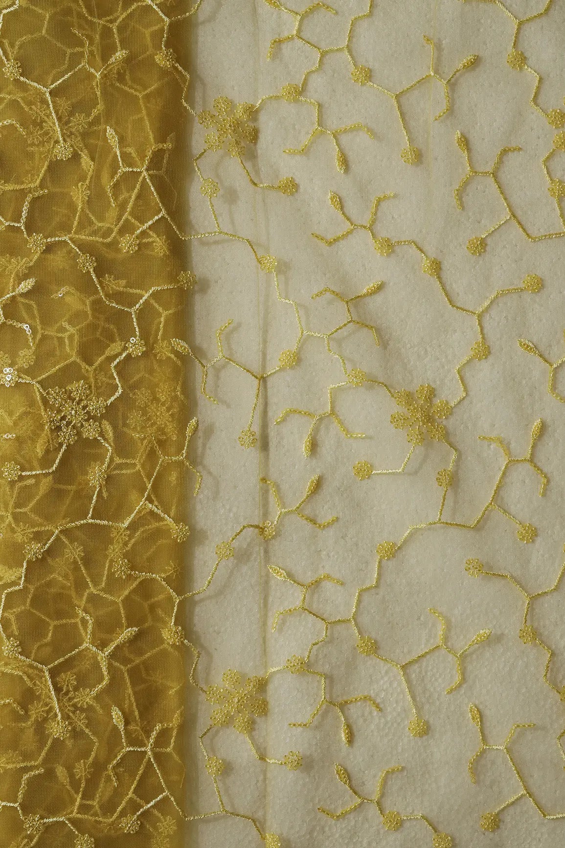 AIzaSyBcstauz-XMPRhEY21AUzeo032pxrXB5Ug - Beautiful Yellow Sequins Small Floral Embroidery On Yellow Soft Net Fabric