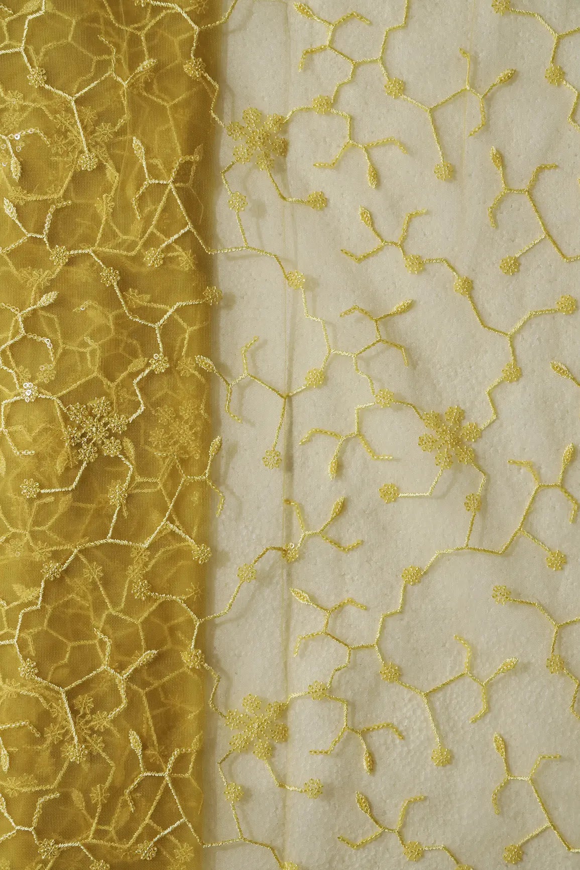 AIzaSyBcstauz-XMPRhEY21AUzeo032pxrXB5Ug - Beautiful Yellow Sequins Small Floral Embroidery On Yellow Soft Net Fabric