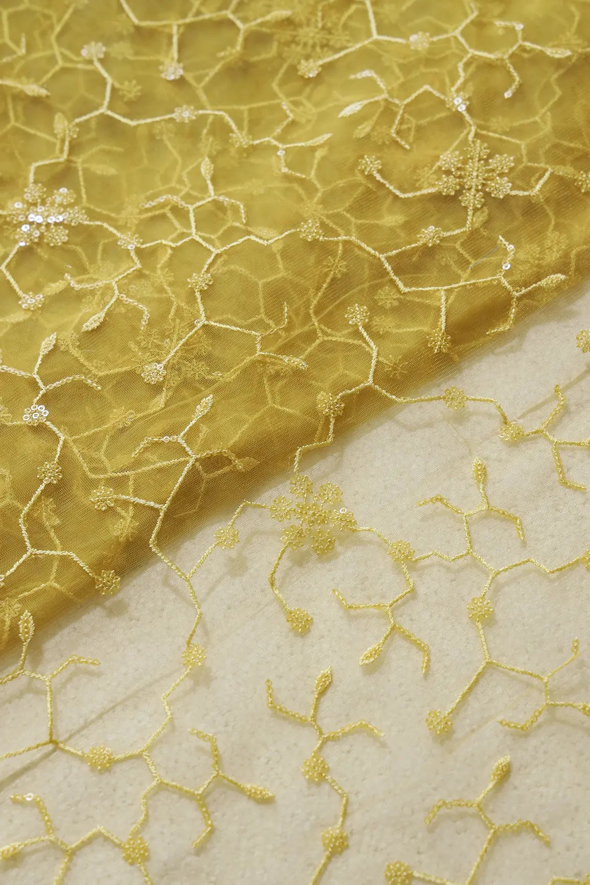 AIzaSyBcstauz-XMPRhEY21AUzeo032pxrXB5Ug - Beautiful Yellow Sequins Small Floral Embroidery On Yellow Soft Net Fabric
