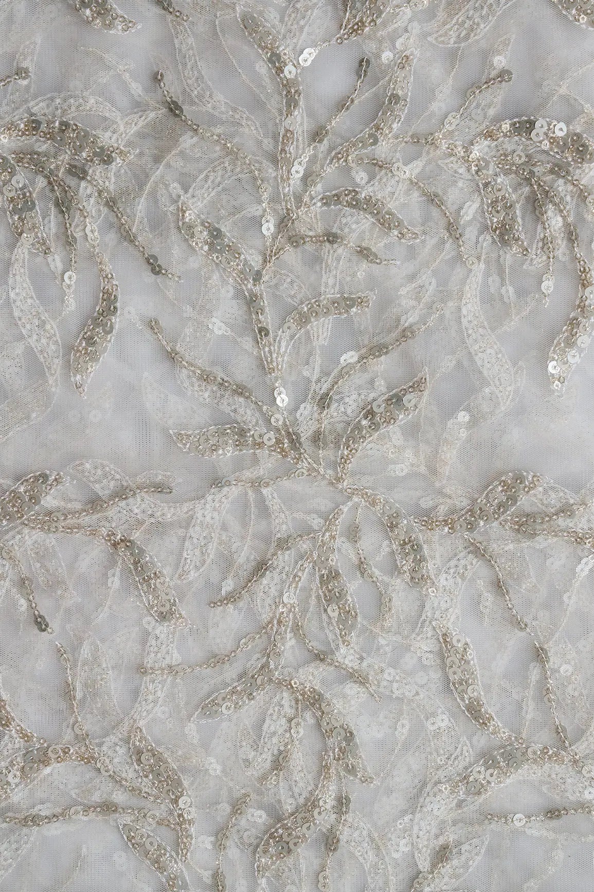 AIzaSyBcstauz-XMPRhEY21AUzeo032pxrXB5Ug - Gold And Silver Sequins Leafy Floral Embroidery On Dyeable White Soft Net Fabric