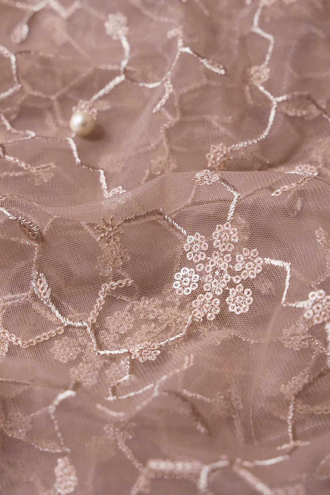 AIzaSyBcstauz-XMPRhEY21AUzeo032pxrXB5Ug - Beautiful Beige Sequins Small Floral Embroidery On Beige Soft Net Fabric