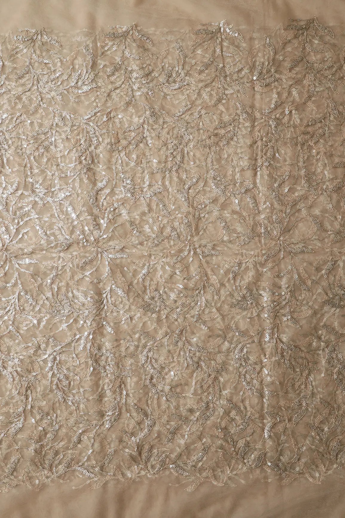 AIzaSyBcstauz-XMPRhEY21AUzeo032pxrXB5Ug - Gold And Silver Sequins Leafy Floral Embroidery On Beige Soft Net Fabric