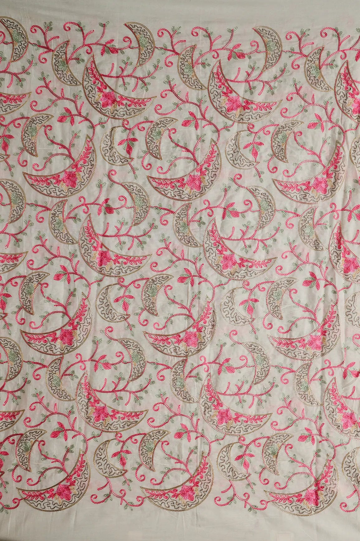 AIzaSyBcstauz-XMPRhEY21AUzeo032pxrXB5Ug - 2 Meter Cut Piece Of Multi Thread Beautiful Kashmiri Embroidery Work On Off White Cotton Fabric