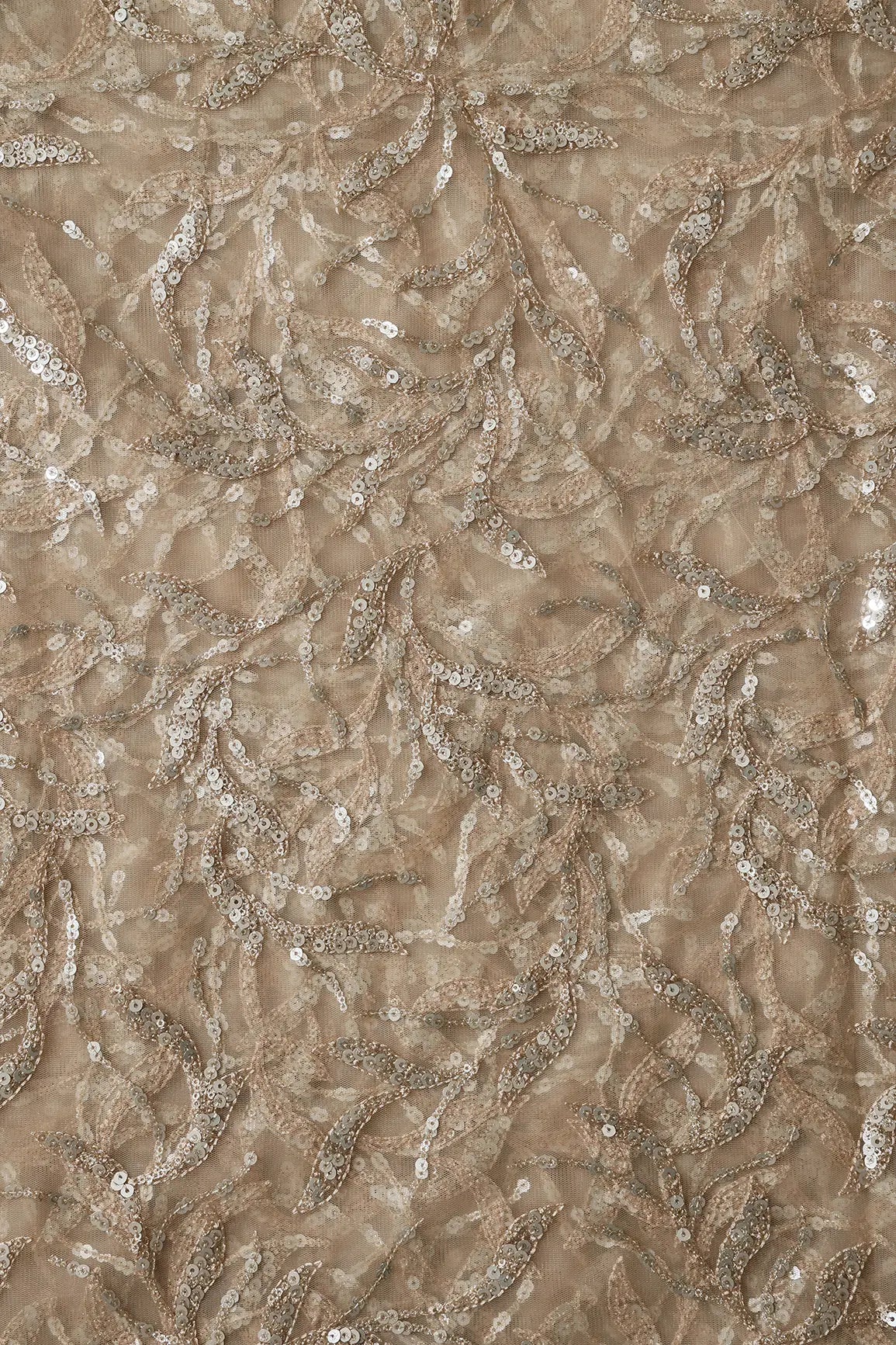 AIzaSyBcstauz-XMPRhEY21AUzeo032pxrXB5Ug - Gold And Silver Sequins Leafy Floral Embroidery On Beige Soft Net Fabric