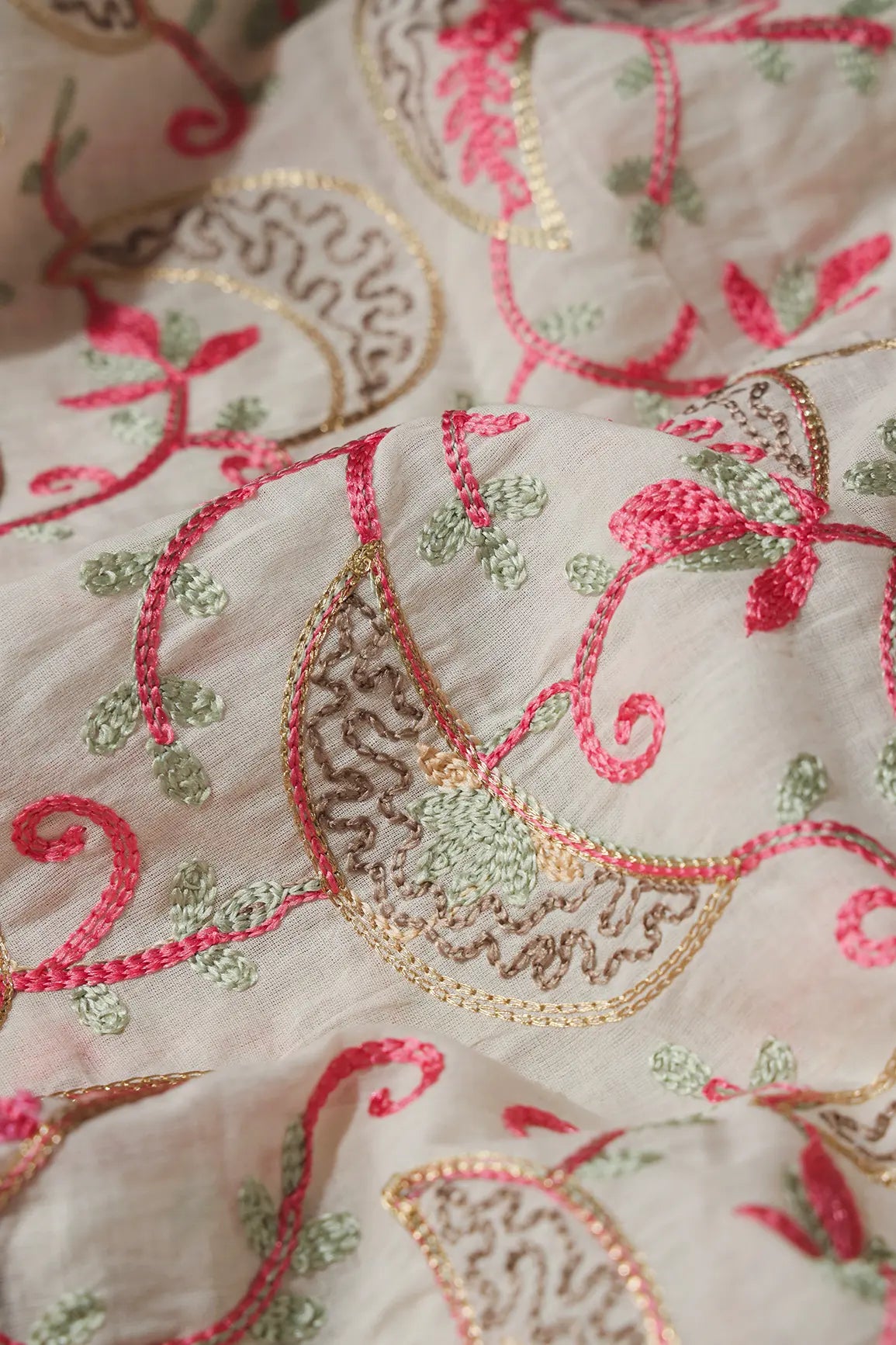 AIzaSyBcstauz-XMPRhEY21AUzeo032pxrXB5Ug - 2 Meter Cut Piece Of Multi Thread Beautiful Kashmiri Embroidery Work On Off White Cotton Fabric