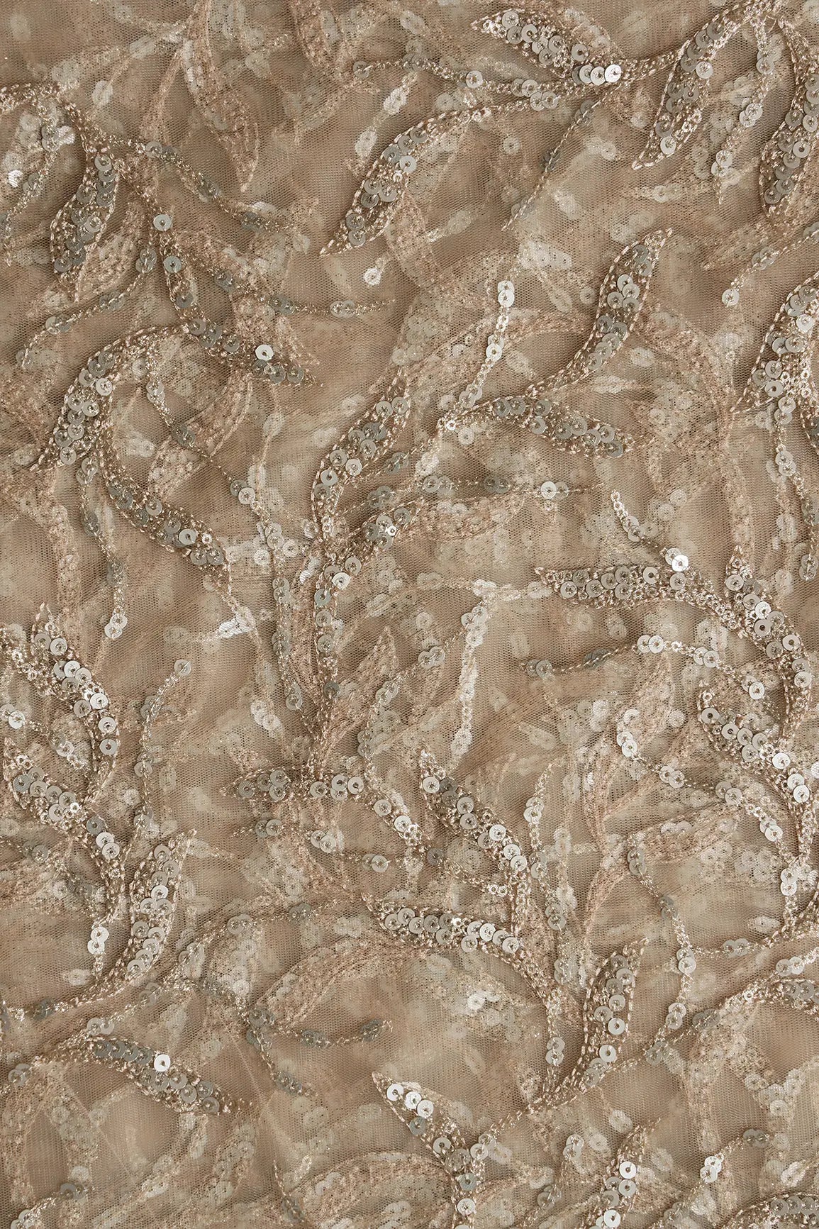 AIzaSyBcstauz-XMPRhEY21AUzeo032pxrXB5Ug - Gold And Silver Sequins Leafy Floral Embroidery On Beige Soft Net Fabric