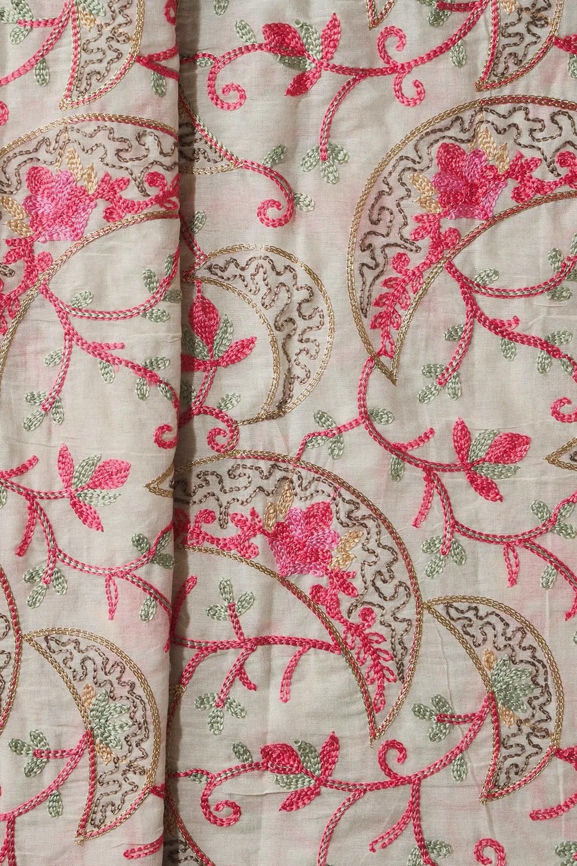 AIzaSyBcstauz-XMPRhEY21AUzeo032pxrXB5Ug - 2 Meter Cut Piece Of Multi Thread Beautiful Kashmiri Embroidery Work On Off White Cotton Fabric