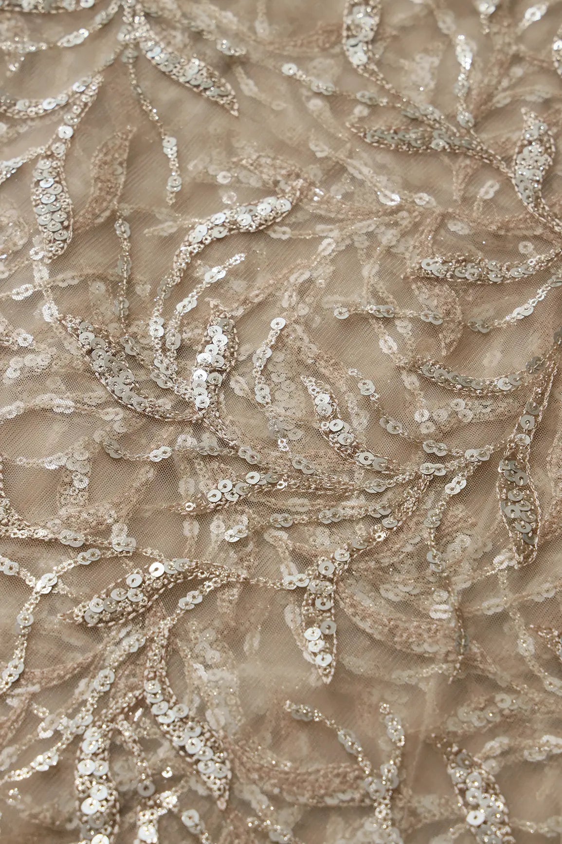 AIzaSyBcstauz-XMPRhEY21AUzeo032pxrXB5Ug - Gold And Silver Sequins Leafy Floral Embroidery On Beige Soft Net Fabric