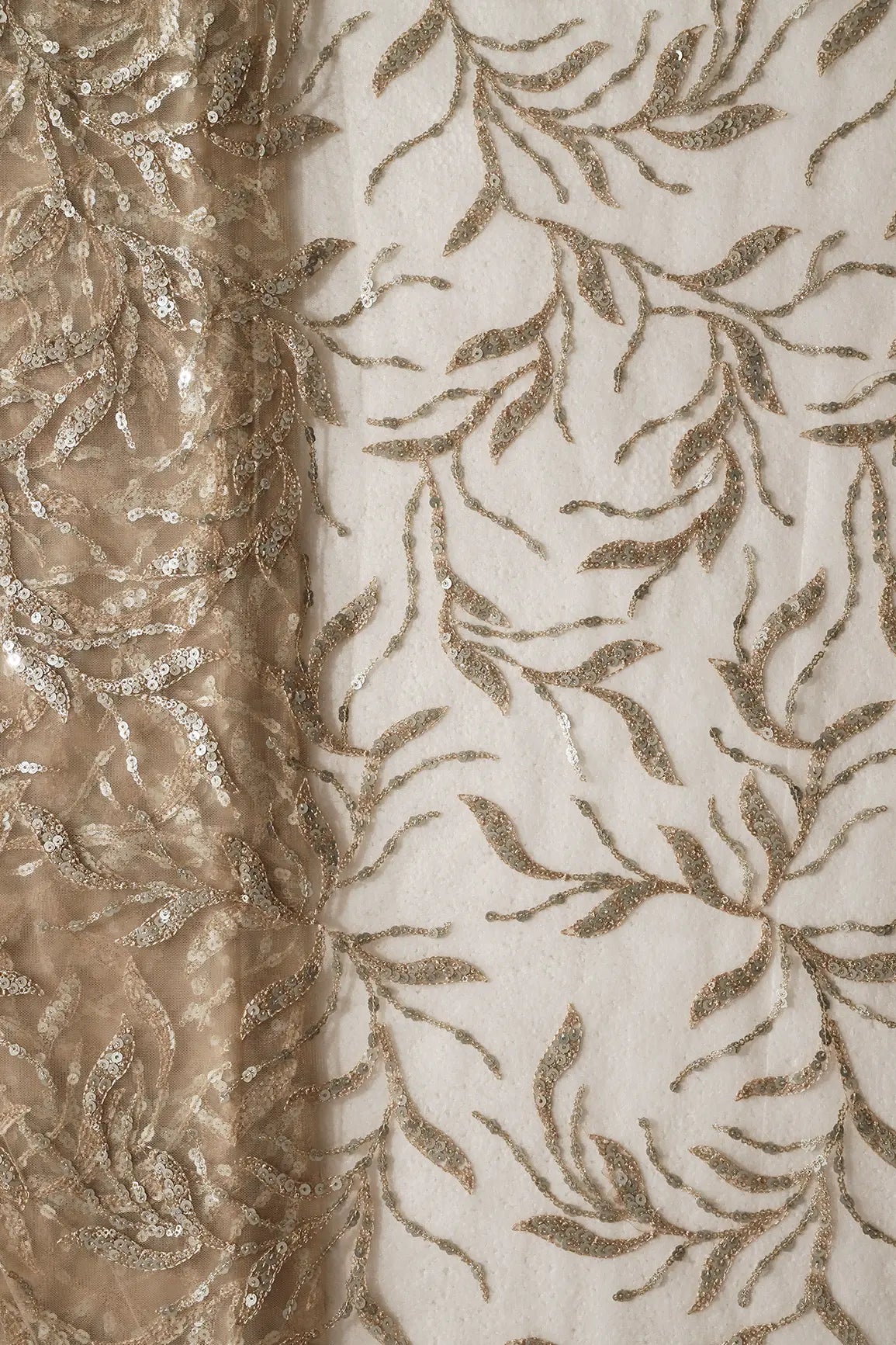 AIzaSyBcstauz-XMPRhEY21AUzeo032pxrXB5Ug - Gold And Silver Sequins Leafy Floral Embroidery On Beige Soft Net Fabric