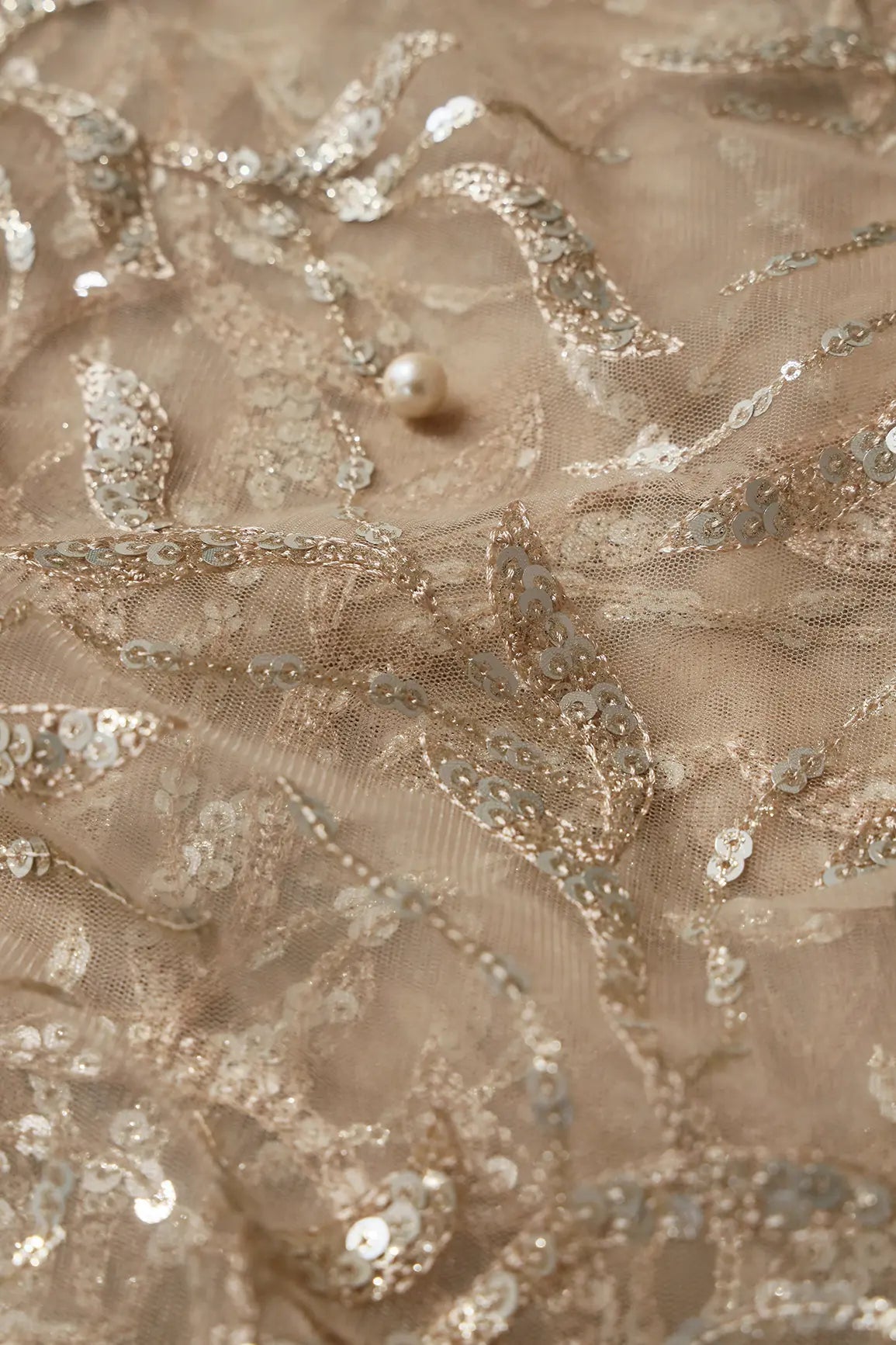 AIzaSyBcstauz-XMPRhEY21AUzeo032pxrXB5Ug - Gold And Silver Sequins Leafy Floral Embroidery On Beige Soft Net Fabric