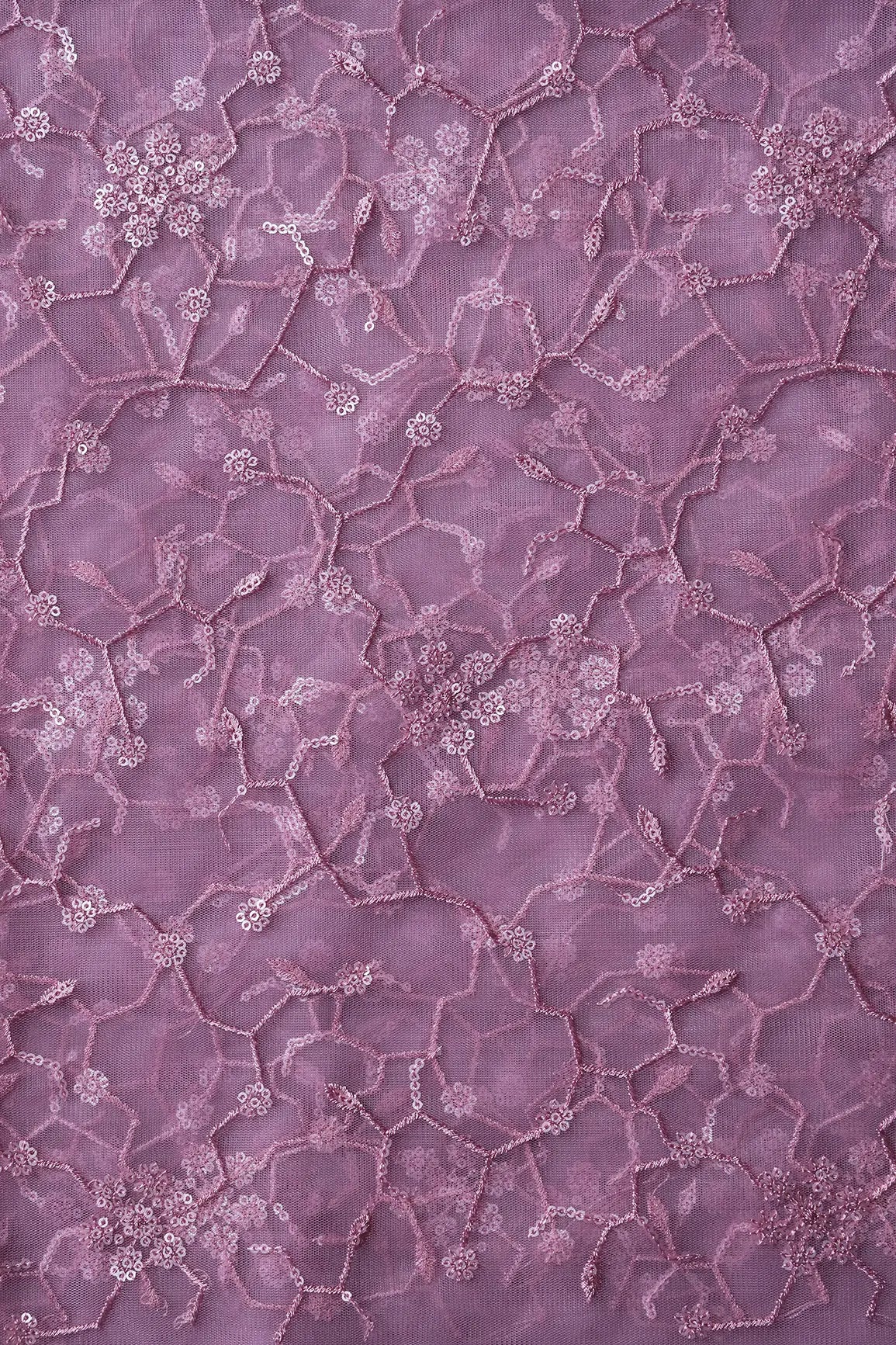 AIzaSyBcstauz-XMPRhEY21AUzeo032pxrXB5Ug - Beautiful Water Sequins Small Floral Embroidery On Mauve Soft Net Fabric