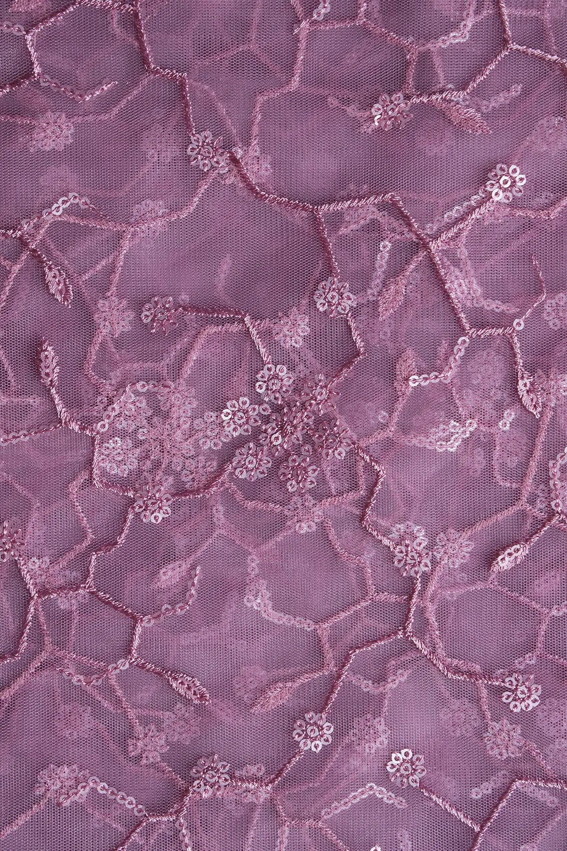 AIzaSyBcstauz-XMPRhEY21AUzeo032pxrXB5Ug - Beautiful Water Sequins Small Floral Embroidery On Mauve Soft Net Fabric