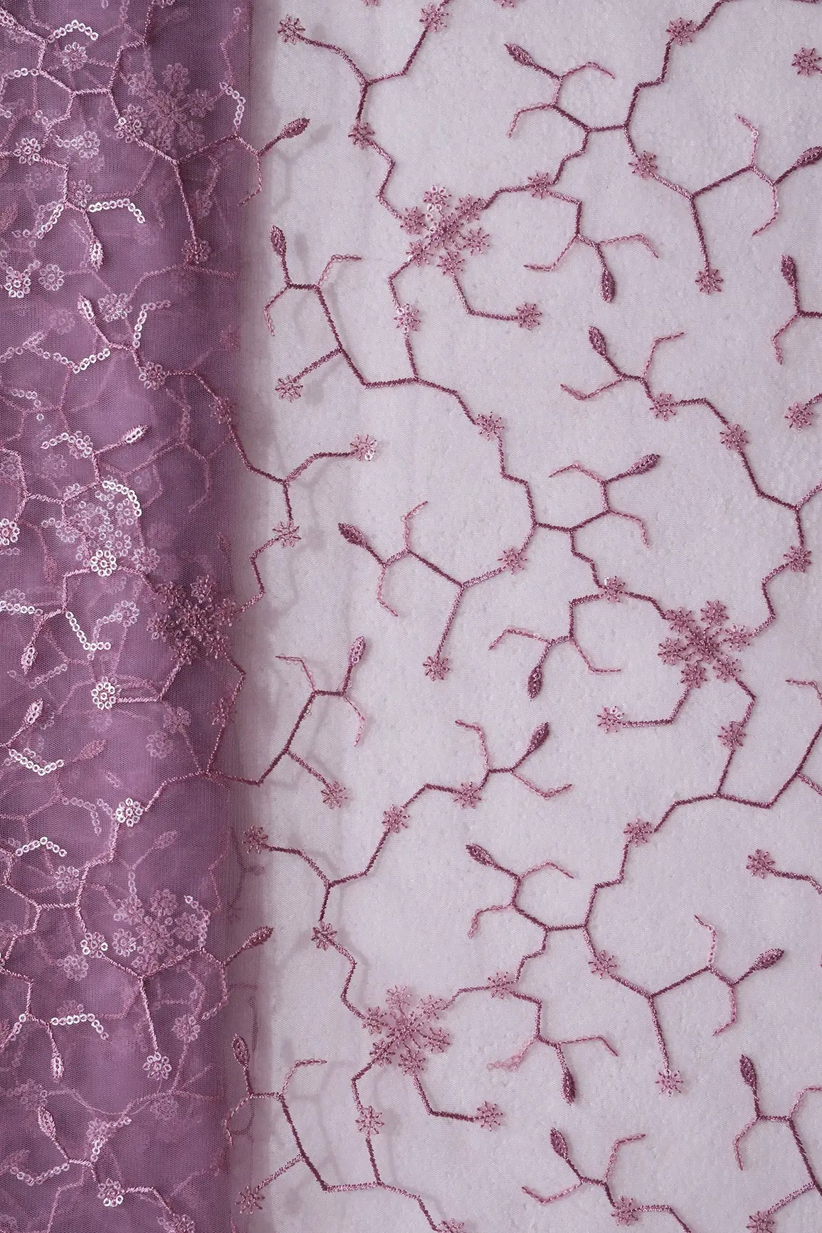 AIzaSyBcstauz-XMPRhEY21AUzeo032pxrXB5Ug - Beautiful Water Sequins Small Floral Embroidery On Mauve Soft Net Fabric