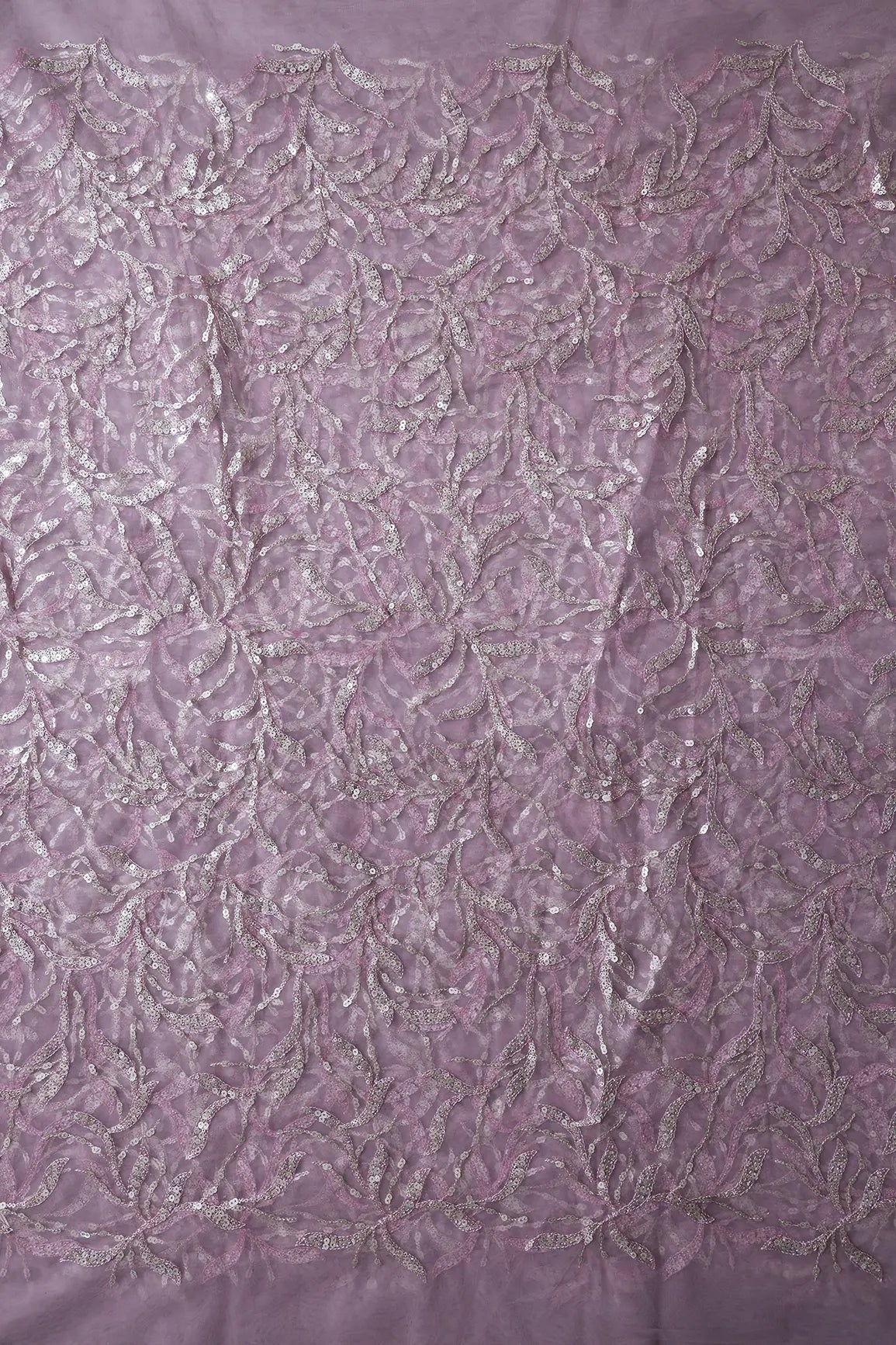 AIzaSyBcstauz-XMPRhEY21AUzeo032pxrXB5Ug - Gold And Silver Sequins Leafy Floral Embroidery On Mauve Soft Net Fabric