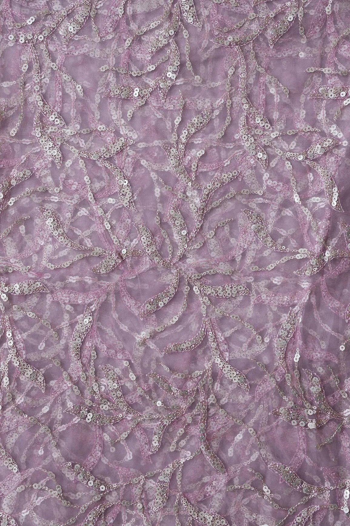 AIzaSyBcstauz-XMPRhEY21AUzeo032pxrXB5Ug - Gold And Silver Sequins Leafy Floral Embroidery On Mauve Soft Net Fabric