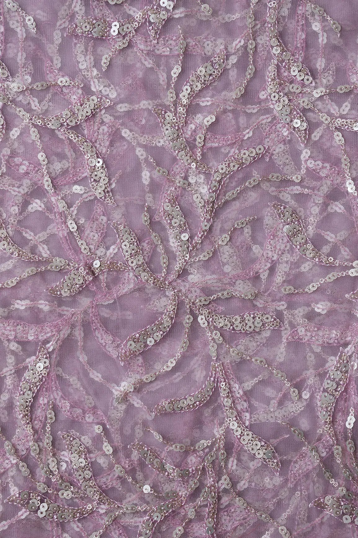 AIzaSyBcstauz-XMPRhEY21AUzeo032pxrXB5Ug - Gold And Silver Sequins Leafy Floral Embroidery On Mauve Soft Net Fabric