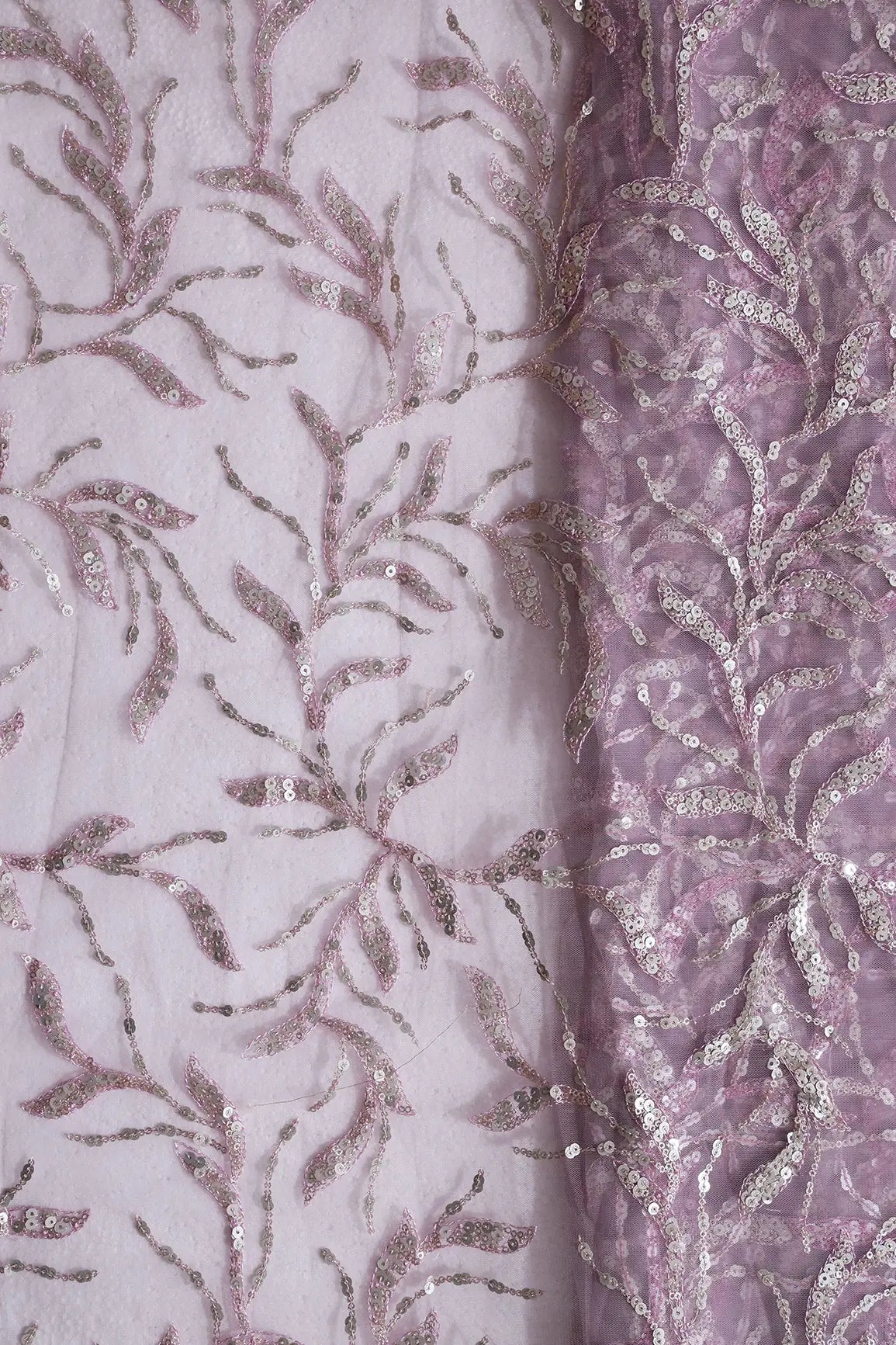 AIzaSyBcstauz-XMPRhEY21AUzeo032pxrXB5Ug - Gold And Silver Sequins Leafy Floral Embroidery On Mauve Soft Net Fabric
