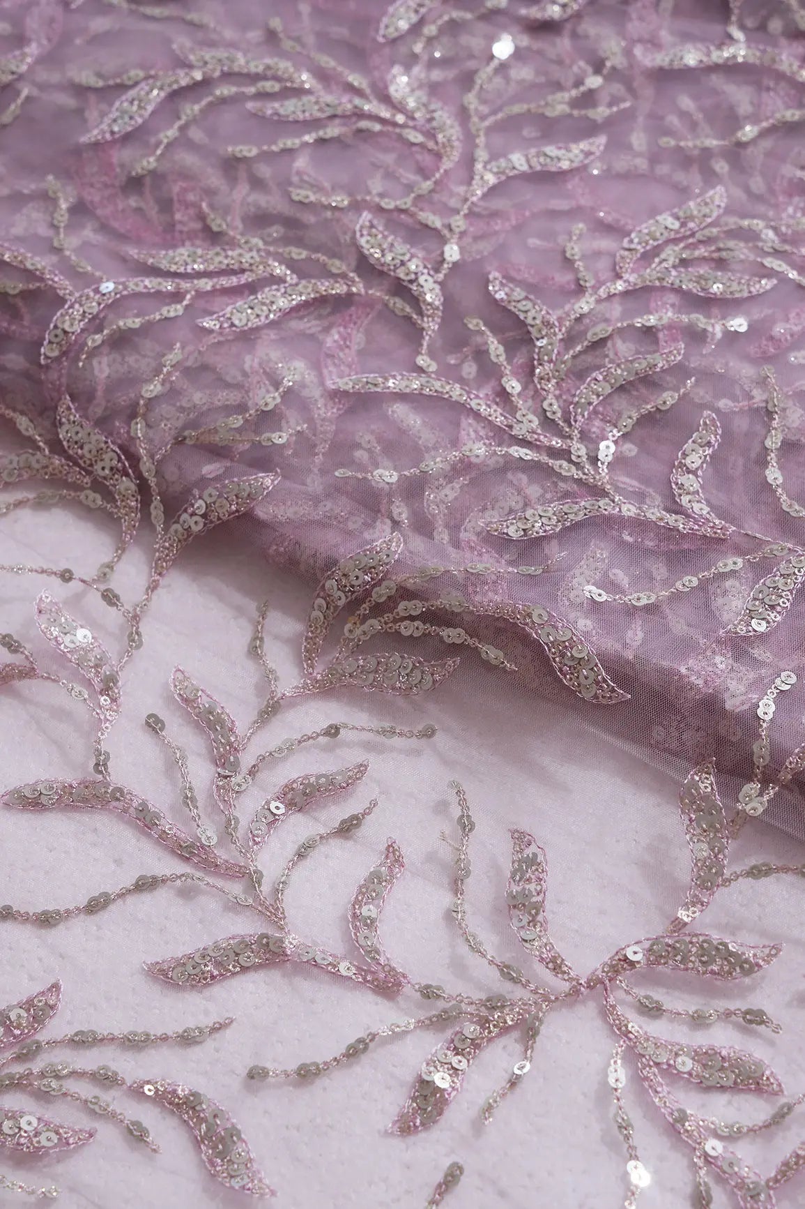 AIzaSyBcstauz-XMPRhEY21AUzeo032pxrXB5Ug - Gold And Silver Sequins Leafy Floral Embroidery On Mauve Soft Net Fabric