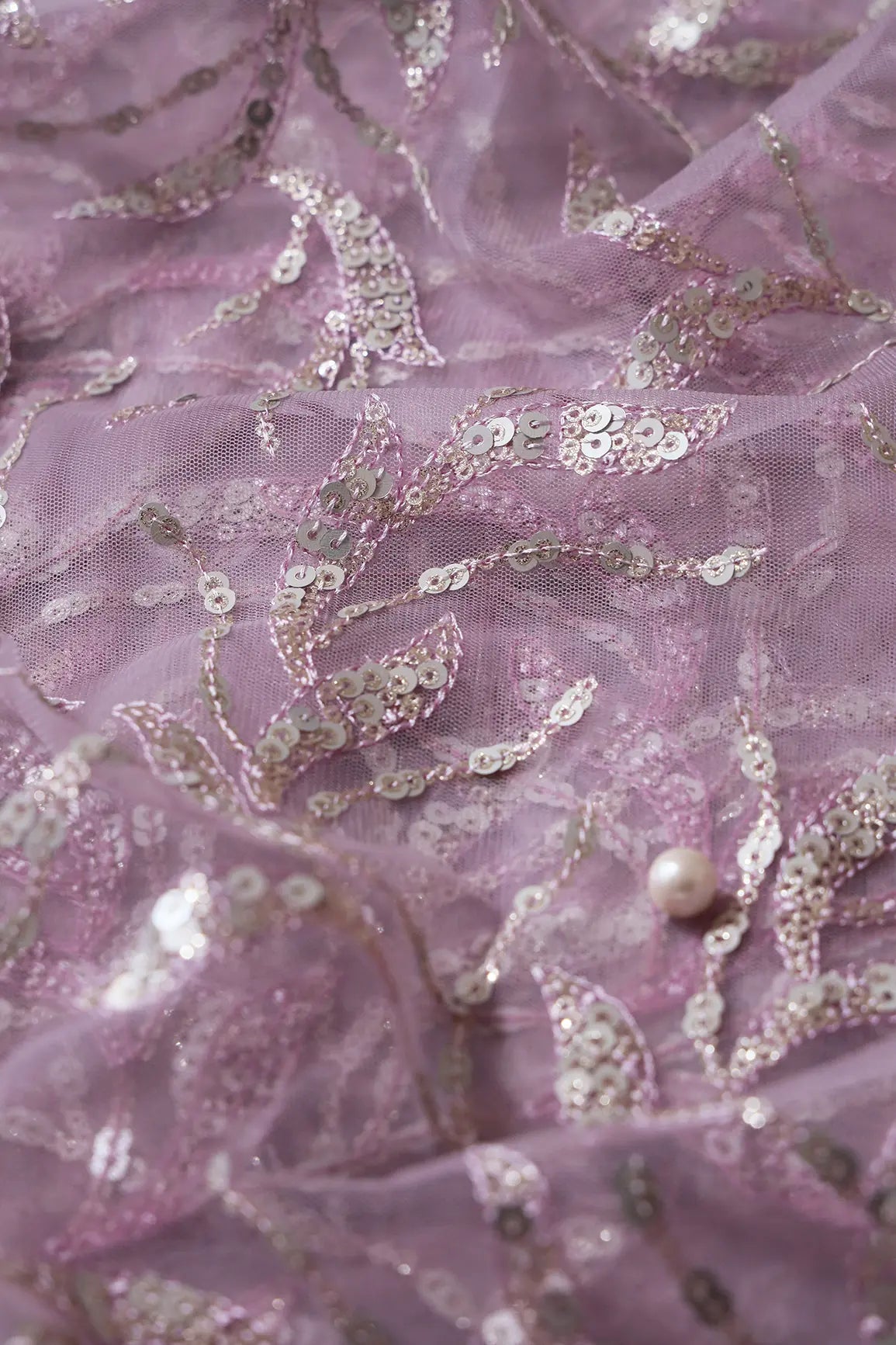 AIzaSyBcstauz-XMPRhEY21AUzeo032pxrXB5Ug - Gold And Silver Sequins Leafy Floral Embroidery On Mauve Soft Net Fabric