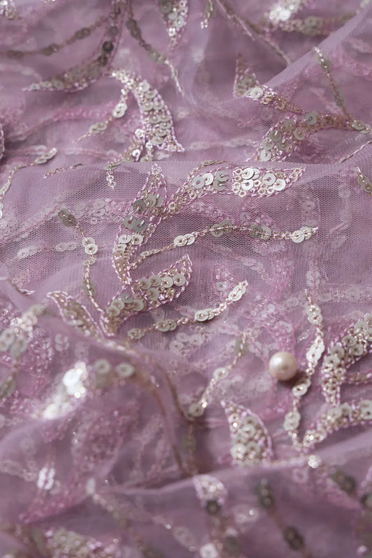 AIzaSyBcstauz-XMPRhEY21AUzeo032pxrXB5Ug - Gold And Silver Sequins Leafy Floral Embroidery On Mauve Soft Net Fabric