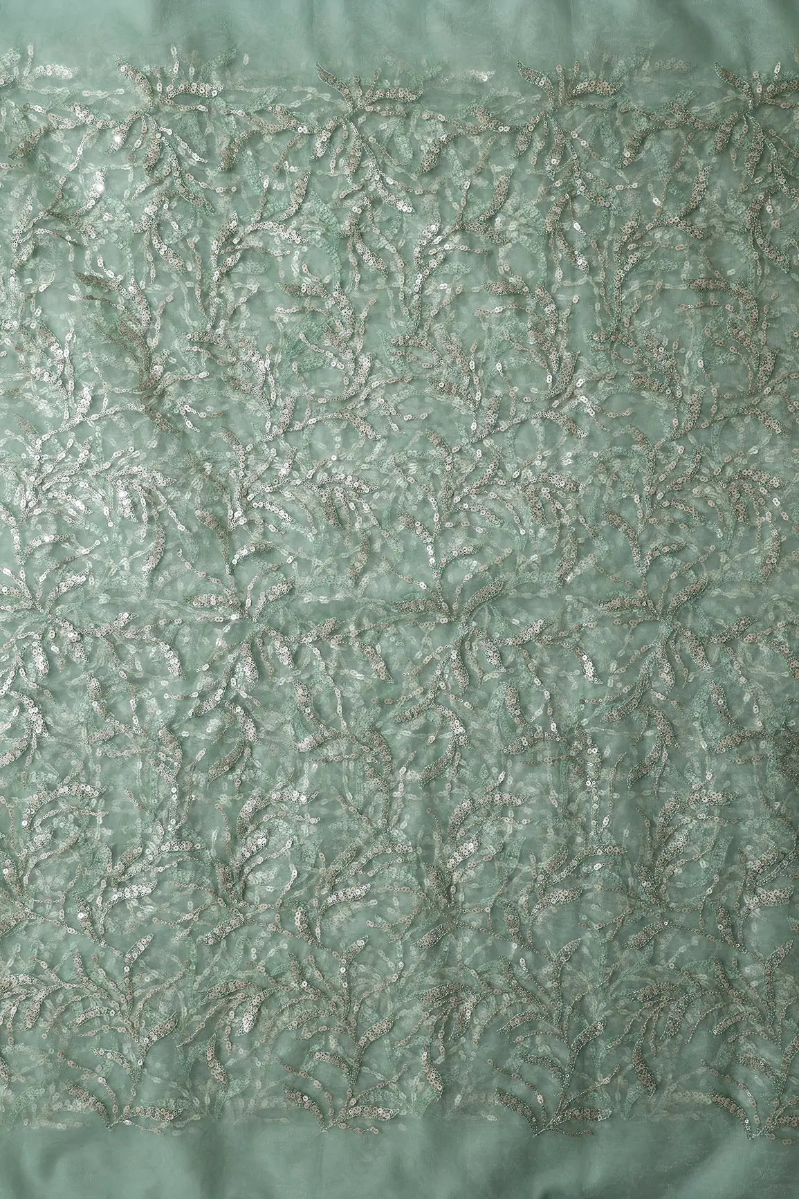 AIzaSyBcstauz-XMPRhEY21AUzeo032pxrXB5Ug - Gold And Silver Sequins Leafy Floral Embroidery On Olive Soft Net Fabric