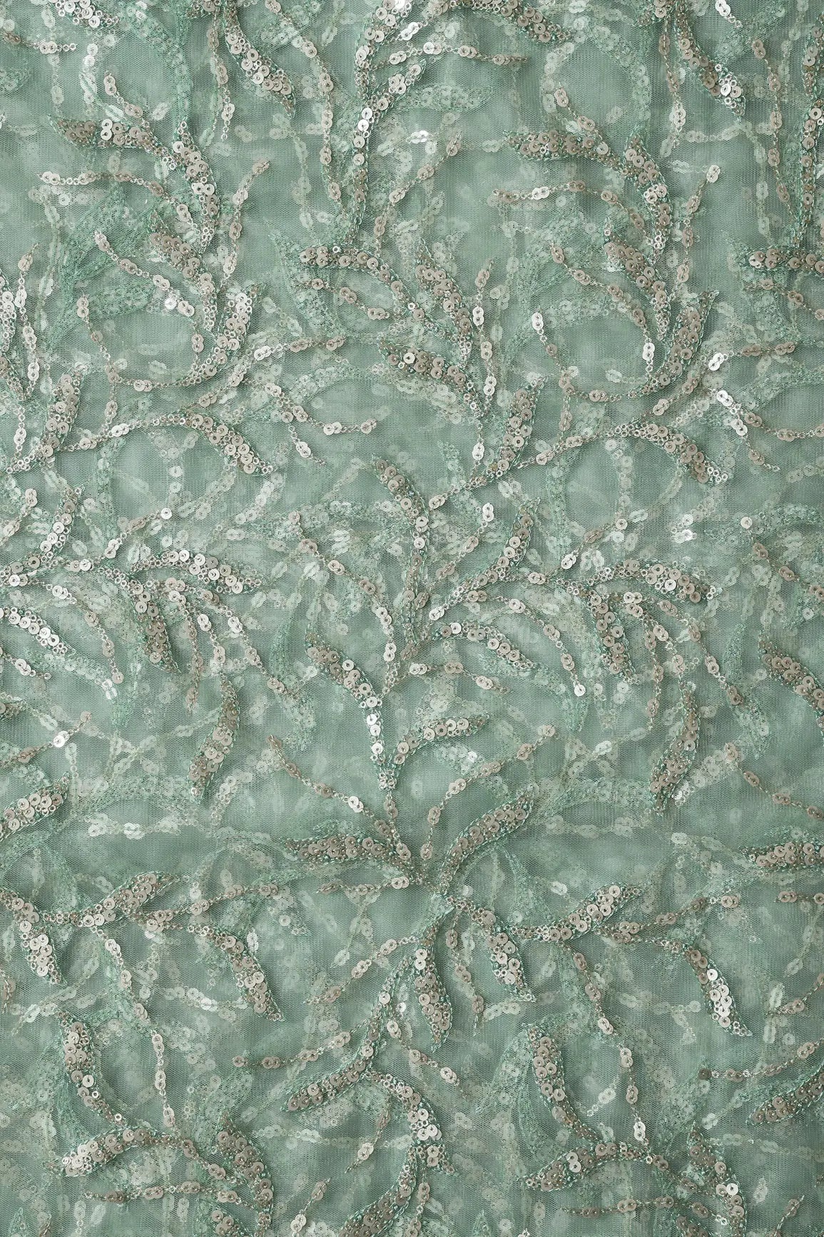 AIzaSyBcstauz-XMPRhEY21AUzeo032pxrXB5Ug - Gold And Silver Sequins Leafy Floral Embroidery On Olive Soft Net Fabric