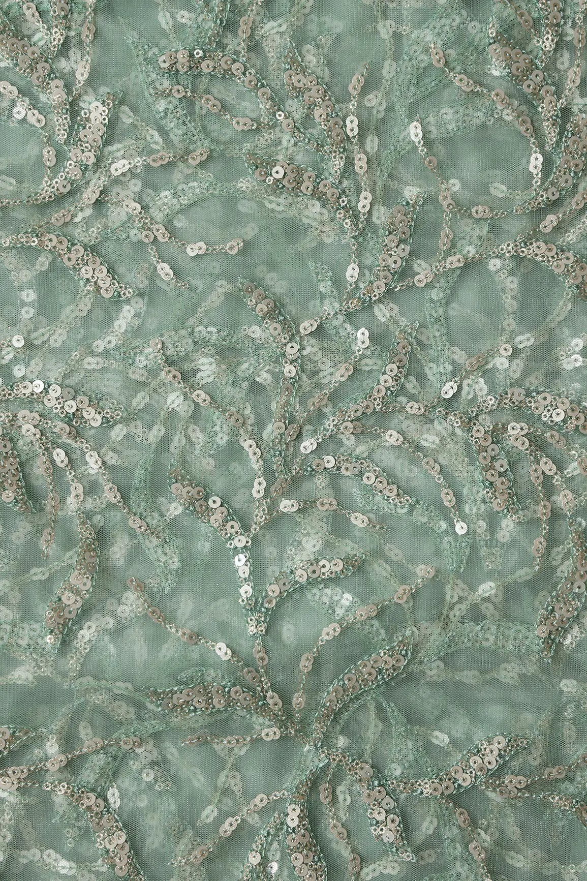 AIzaSyBcstauz-XMPRhEY21AUzeo032pxrXB5Ug - Gold And Silver Sequins Leafy Floral Embroidery On Olive Soft Net Fabric