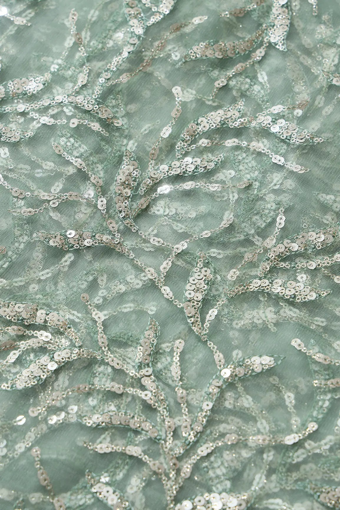 AIzaSyBcstauz-XMPRhEY21AUzeo032pxrXB5Ug - Gold And Silver Sequins Leafy Floral Embroidery On Olive Soft Net Fabric