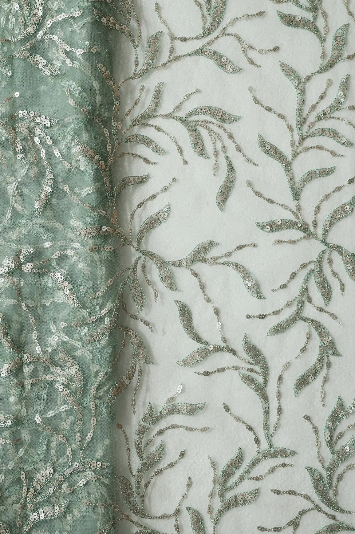 AIzaSyBcstauz-XMPRhEY21AUzeo032pxrXB5Ug - Gold And Silver Sequins Leafy Floral Embroidery On Olive Soft Net Fabric