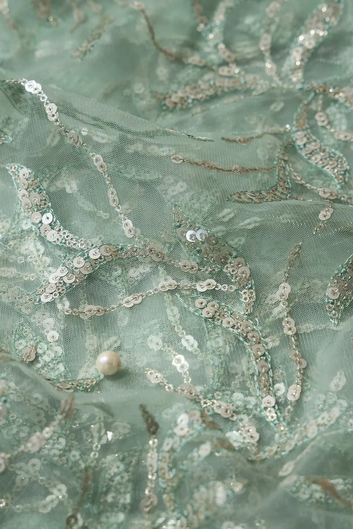 AIzaSyBcstauz-XMPRhEY21AUzeo032pxrXB5Ug - Gold And Silver Sequins Leafy Floral Embroidery On Olive Soft Net Fabric