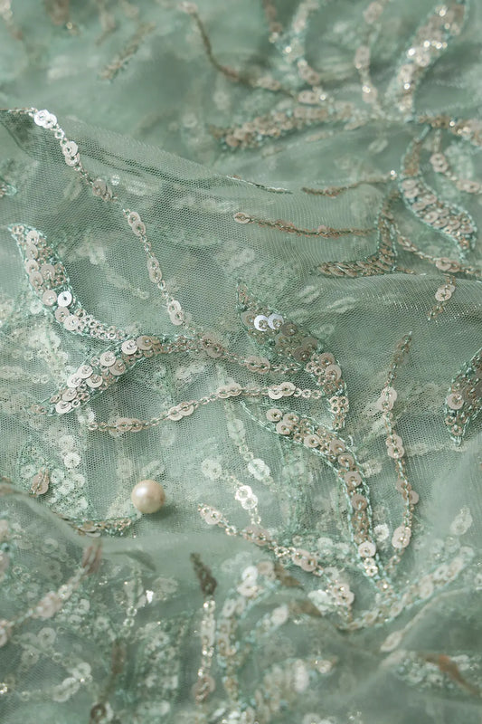 AIzaSyBcstauz-XMPRhEY21AUzeo032pxrXB5Ug - Gold And Silver Sequins Leafy Floral Embroidery On Olive Soft Net Fabric