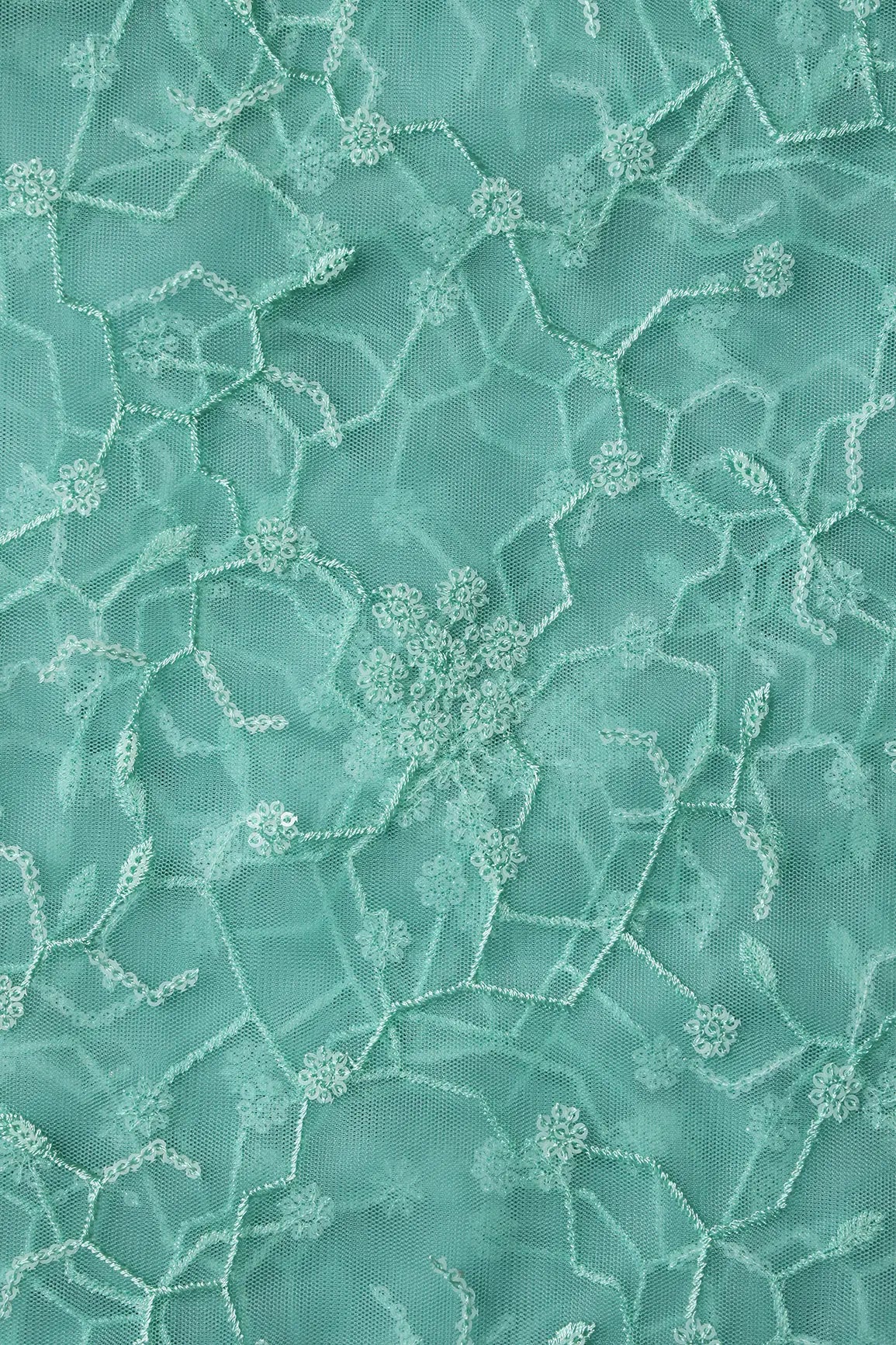 AIzaSyBcstauz-XMPRhEY21AUzeo032pxrXB5Ug - Beautiful Water Sequins Small Floral Embroidery On Sea Green Soft Net Fabric