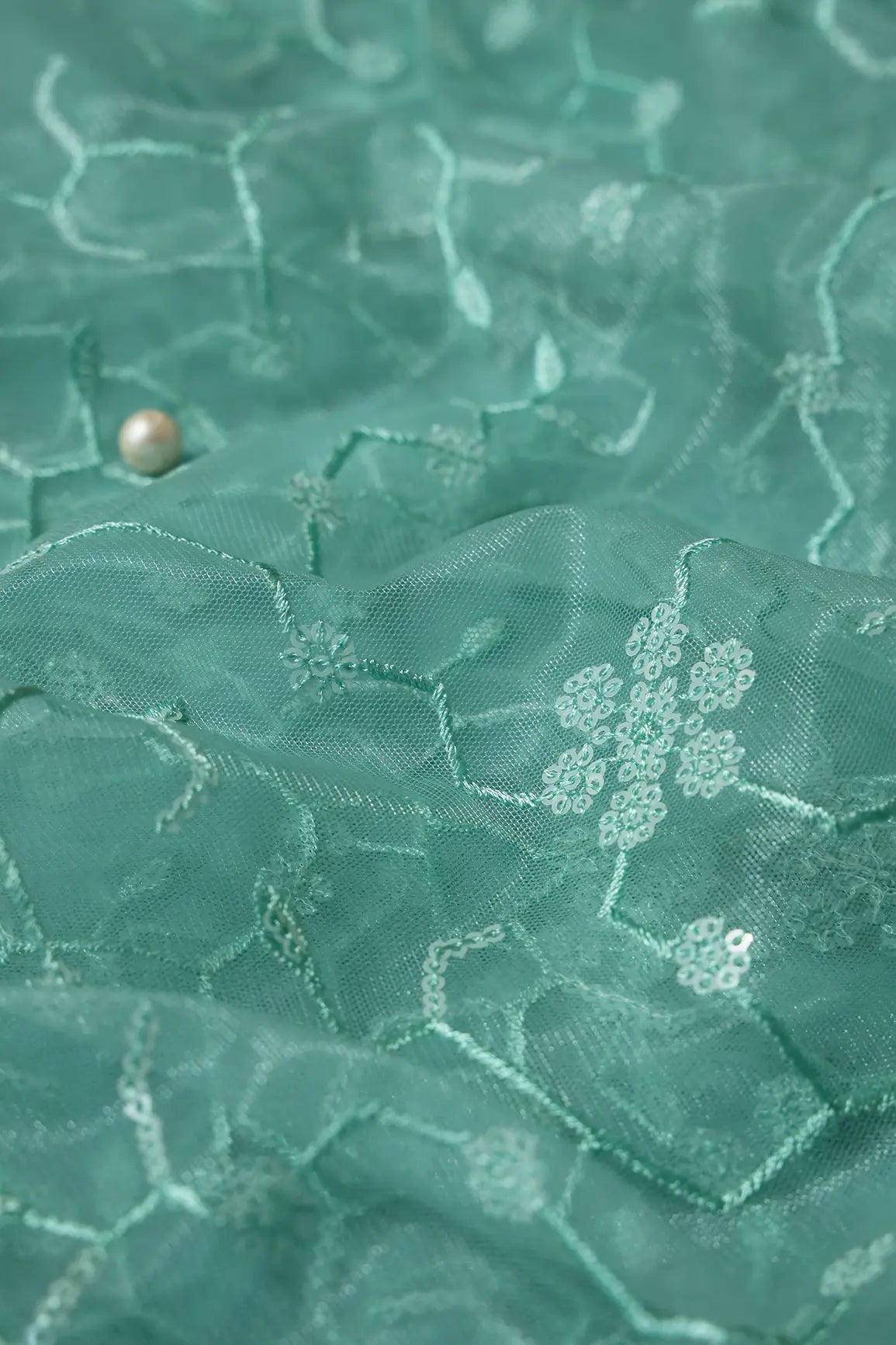 AIzaSyBcstauz-XMPRhEY21AUzeo032pxrXB5Ug - Beautiful Water Sequins Small Floral Embroidery On Sea Green Soft Net Fabric