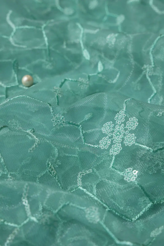AIzaSyBcstauz-XMPRhEY21AUzeo032pxrXB5Ug - Beautiful Water Sequins Small Floral Embroidery On Sea Green Soft Net Fabric
