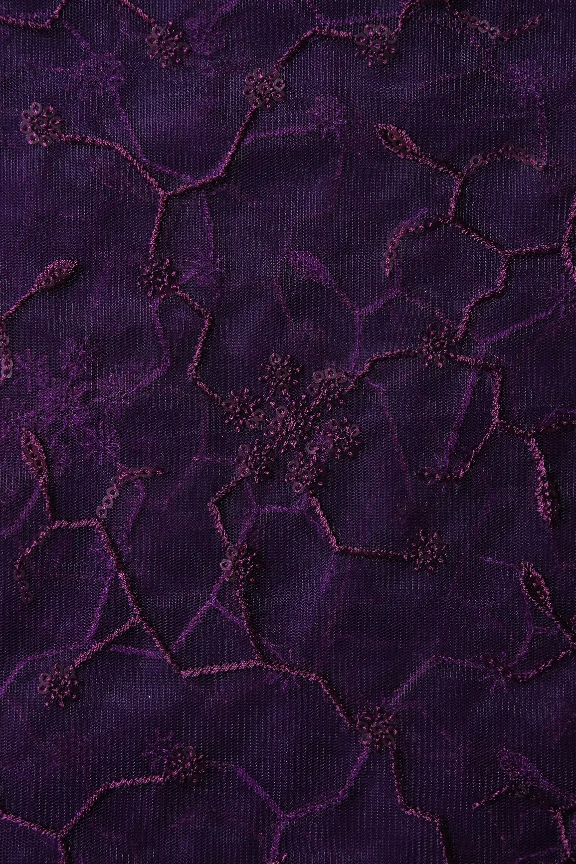 AIzaSyBcstauz-XMPRhEY21AUzeo032pxrXB5Ug - Beautiful Purple Sequins Small Floral Embroidery On Dark Purple Soft Net Fabric