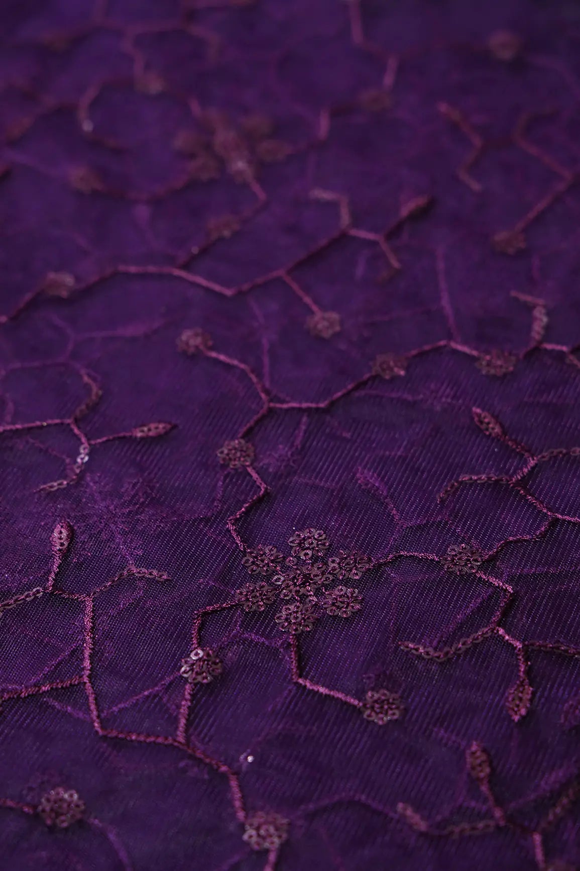 AIzaSyBcstauz-XMPRhEY21AUzeo032pxrXB5Ug - Beautiful Purple Sequins Small Floral Embroidery On Dark Purple Soft Net Fabric