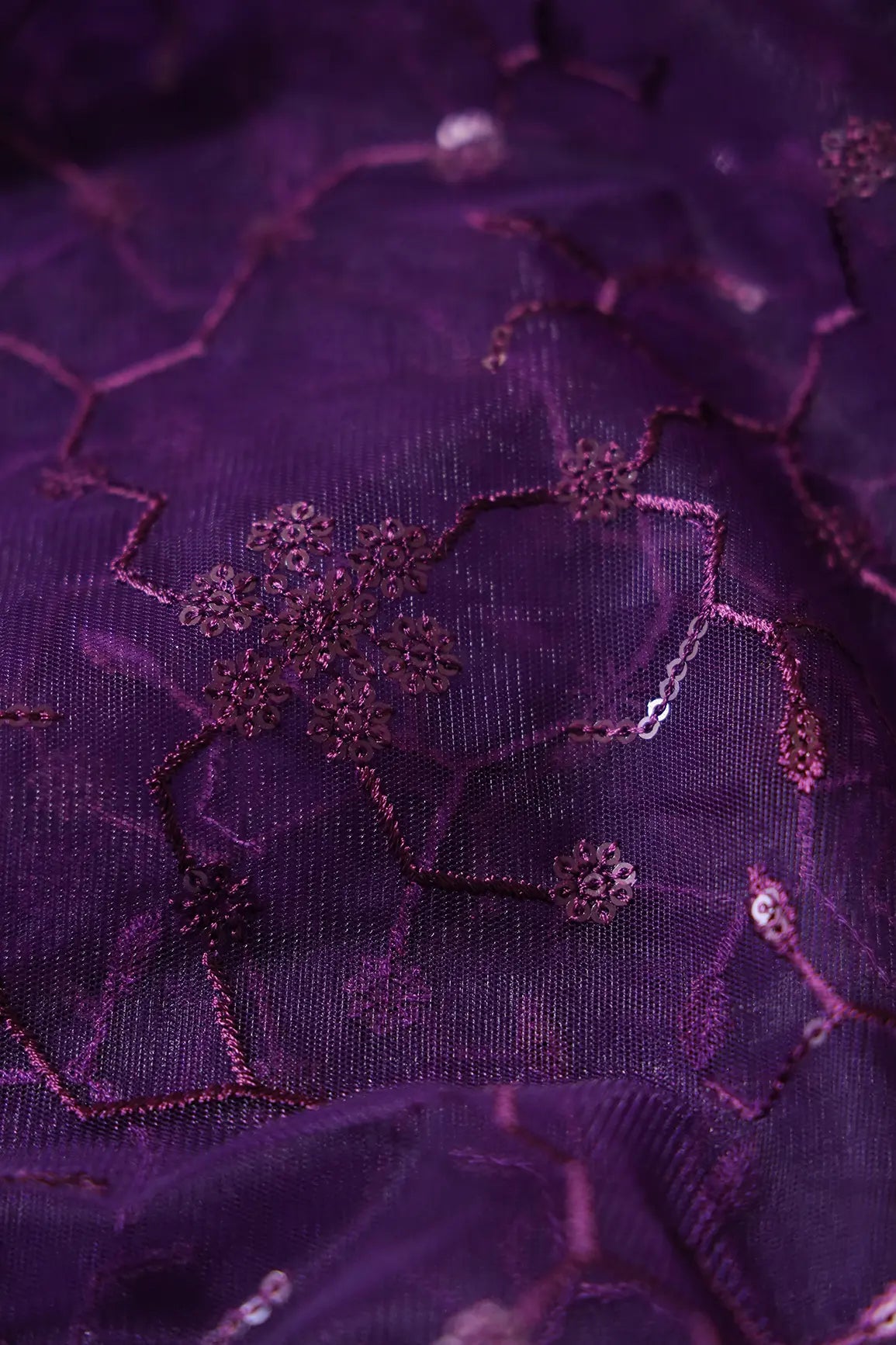 AIzaSyBcstauz-XMPRhEY21AUzeo032pxrXB5Ug - Beautiful Purple Sequins Small Floral Embroidery On Dark Purple Soft Net Fabric