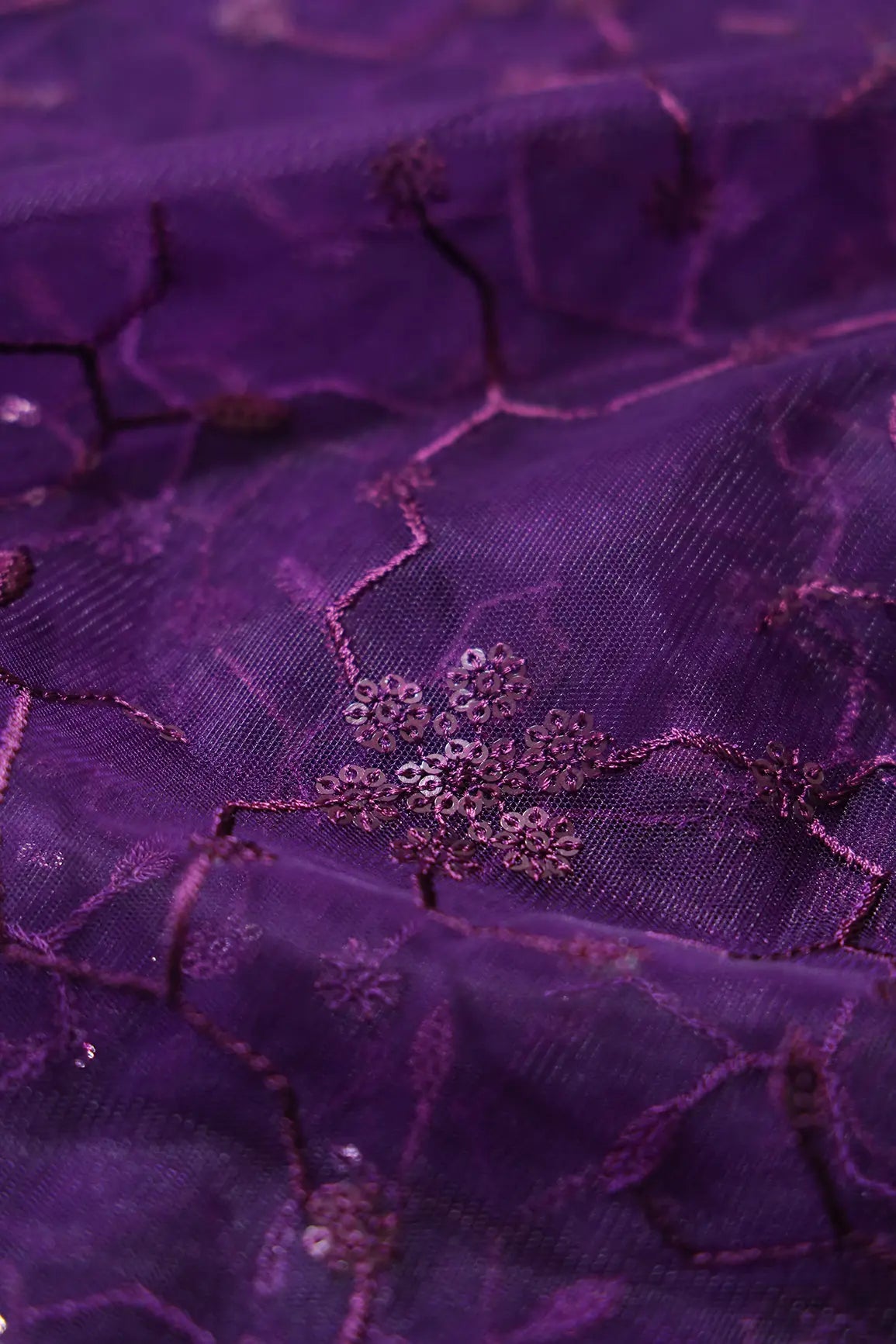 AIzaSyBcstauz-XMPRhEY21AUzeo032pxrXB5Ug - Beautiful Purple Sequins Small Floral Embroidery On Dark Purple Soft Net Fabric