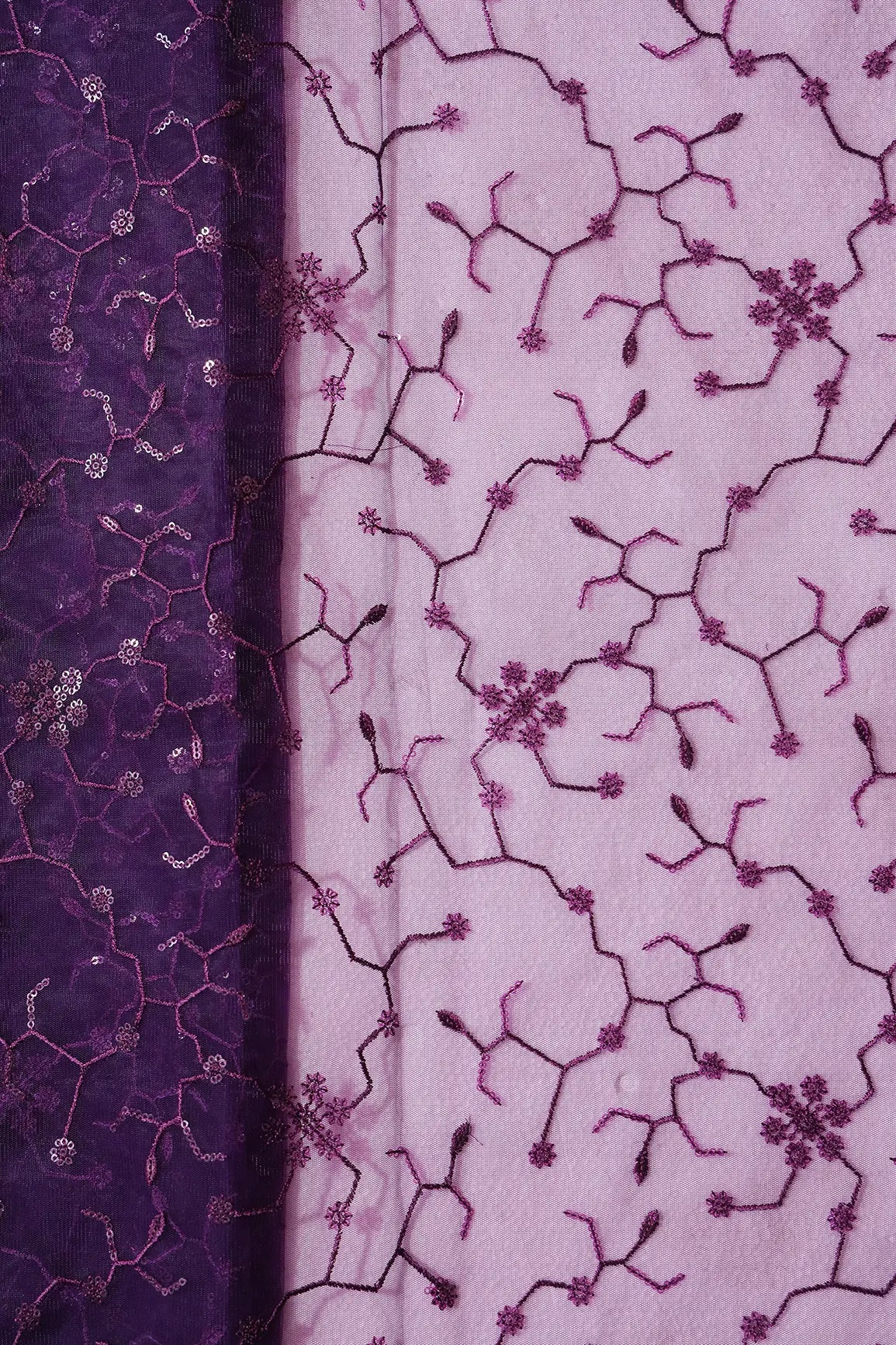 AIzaSyBcstauz-XMPRhEY21AUzeo032pxrXB5Ug - Beautiful Purple Sequins Small Floral Embroidery On Dark Purple Soft Net Fabric
