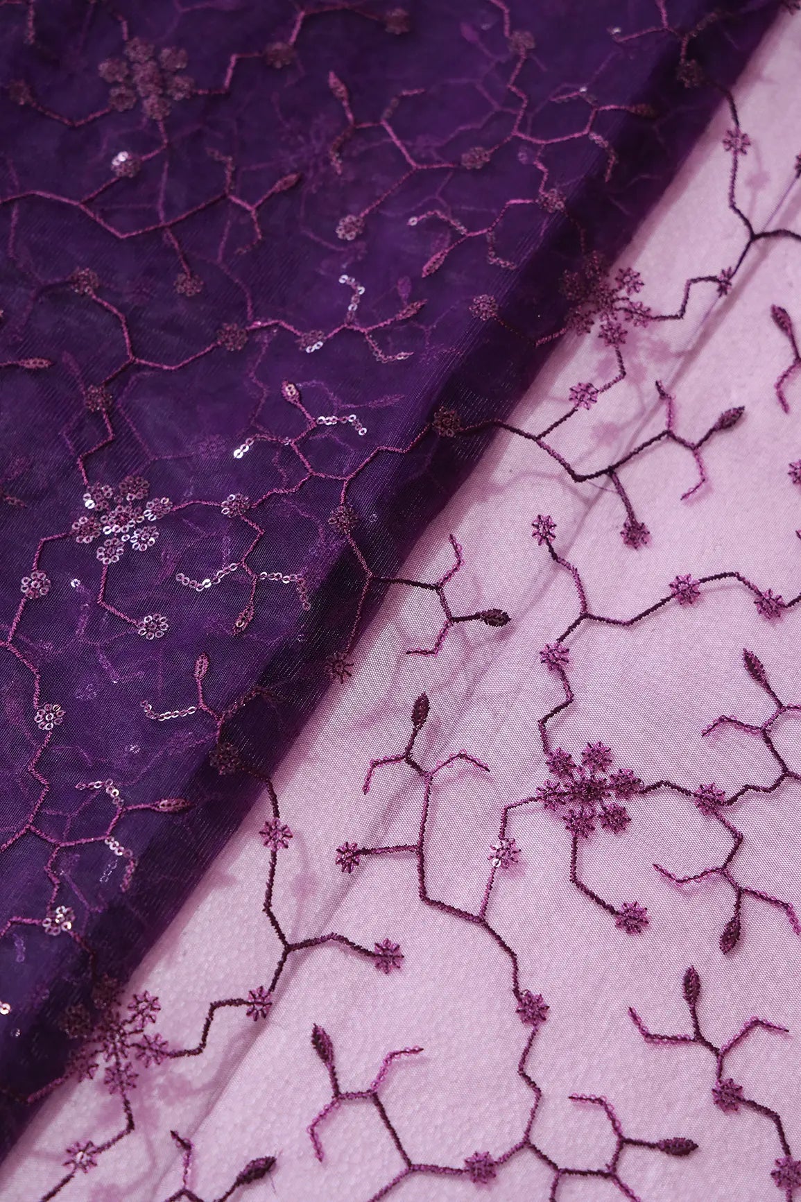AIzaSyBcstauz-XMPRhEY21AUzeo032pxrXB5Ug - Beautiful Purple Sequins Small Floral Embroidery On Dark Purple Soft Net Fabric