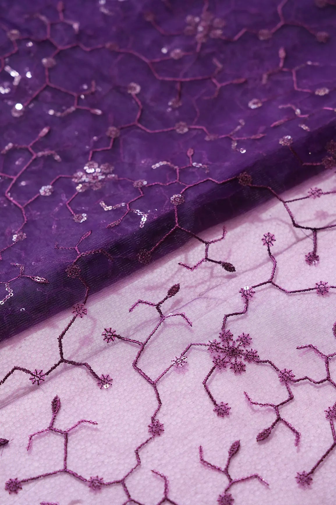 AIzaSyBcstauz-XMPRhEY21AUzeo032pxrXB5Ug - Beautiful Purple Sequins Small Floral Embroidery On Dark Purple Soft Net Fabric