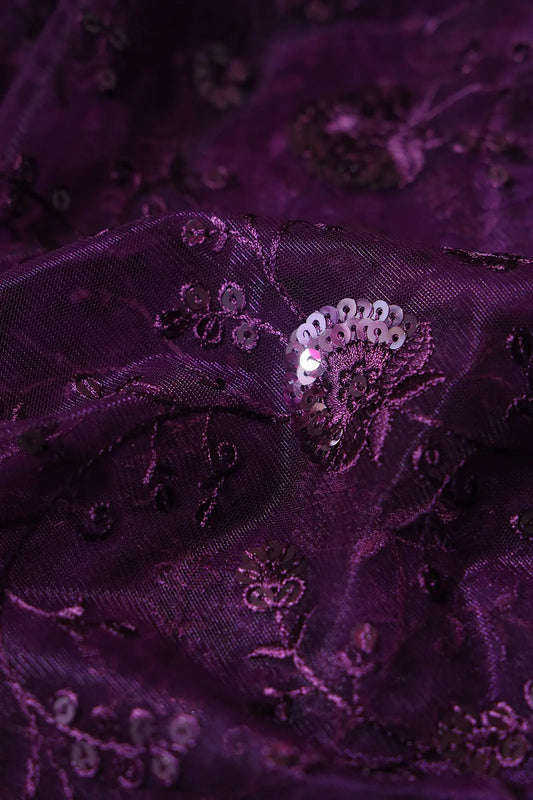 Wine Thread With Wine Sequins Floral Embroidery On Wine Soft Net Fabric