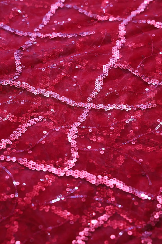 Red Sequins Geometric Embroidery On Red Soft Net Fabric