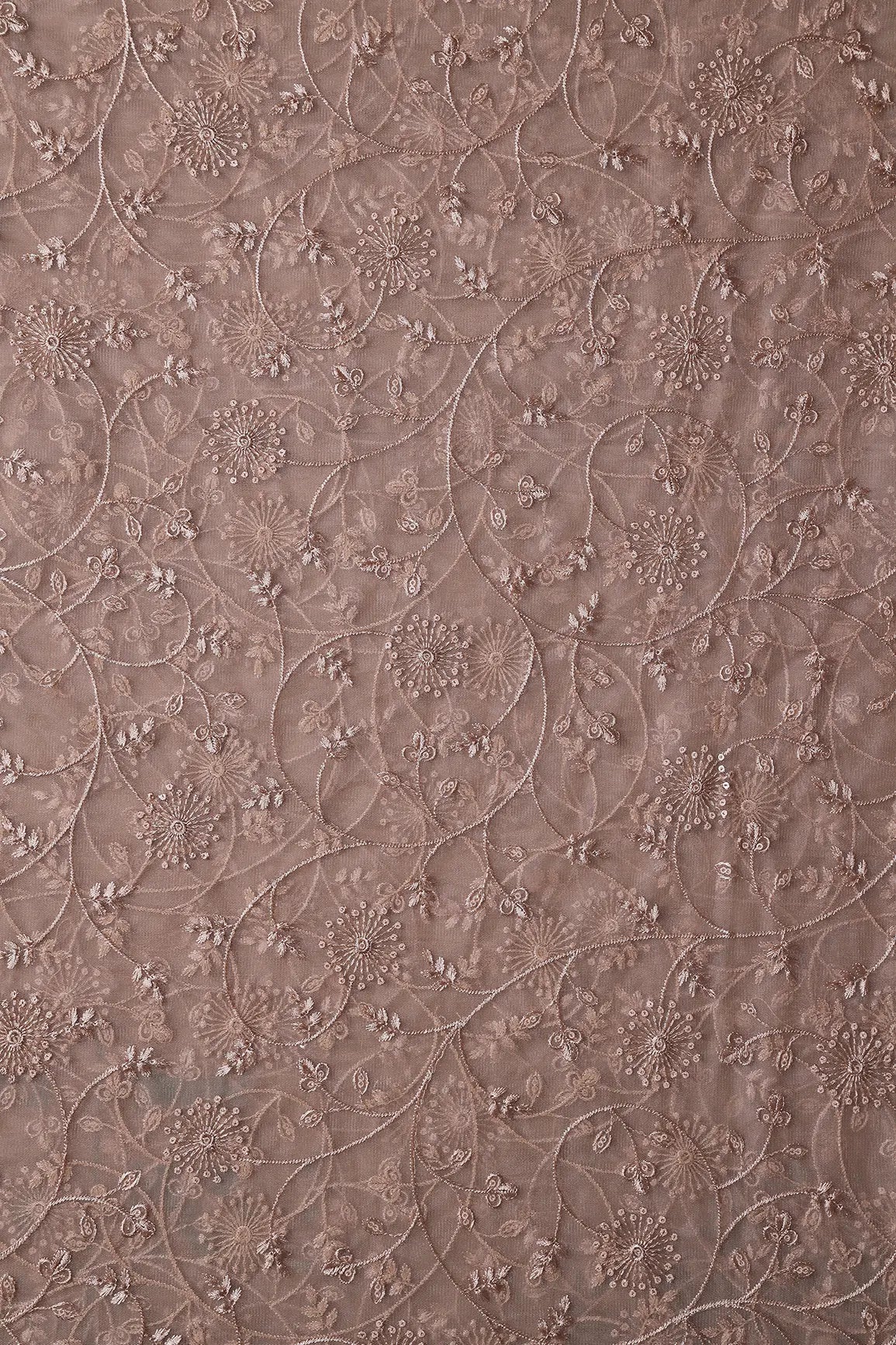 AIzaSyBcstauz-XMPRhEY21AUzeo032pxrXB5Ug - Beige Sequins With Beige Thread Floral Embroidery On Beige Soft Net Fabric