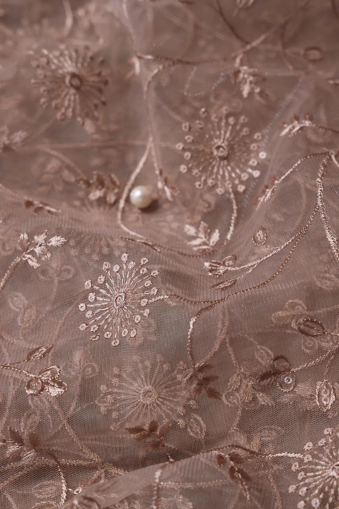 AIzaSyBcstauz-XMPRhEY21AUzeo032pxrXB5Ug - Beige Sequins With Beige Thread Floral Embroidery On Beige Soft Net Fabric