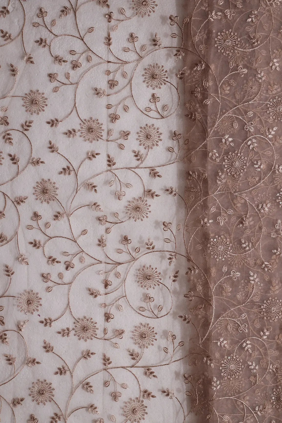 AIzaSyBcstauz-XMPRhEY21AUzeo032pxrXB5Ug - Beige Sequins With Beige Thread Floral Embroidery On Beige Soft Net Fabric