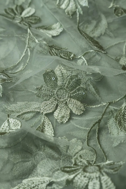 Olive Thread With Water Sequins Floral Embroidery On Olive Soft Net Fabric
